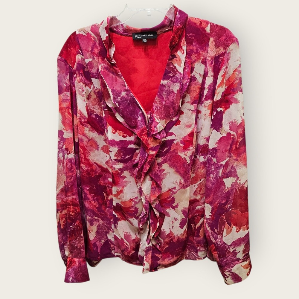Jones New York Woman Pink Floral Ruffle V-Neck Blouse Lined Plus Size 16W